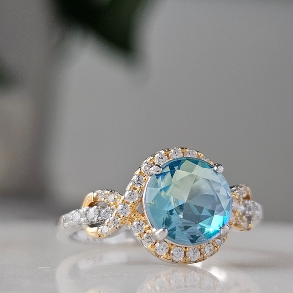 Blue & Teal Aquamarine Round Gemstone Ring, 925 Sterling Silver - Picture 3 of 5